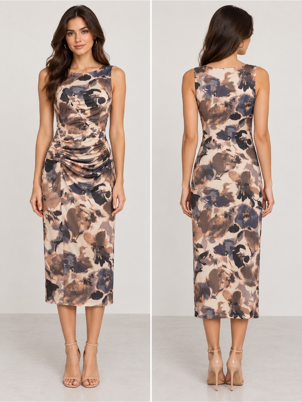 Nine West Sleeveless Ruched Floral Midi Dress Size M